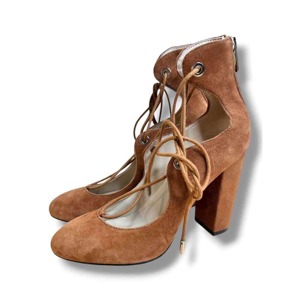 Marc Fisher Stevee Suede Lace Up Block Heels Shoes Brown Tan Womens Size 7